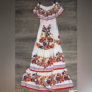 Floral Strapless Maxi Dress - White with Multicolor Accents